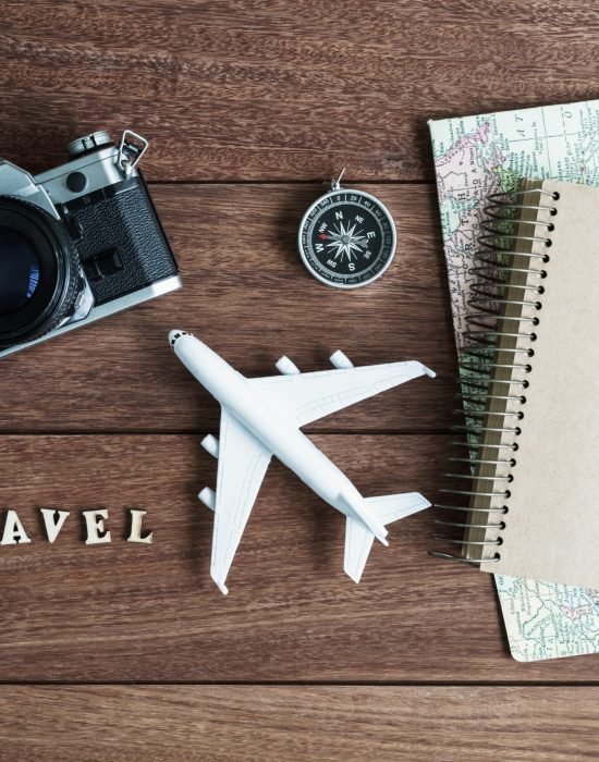 traveler planning trip on wooden background and copy space, Travel concept